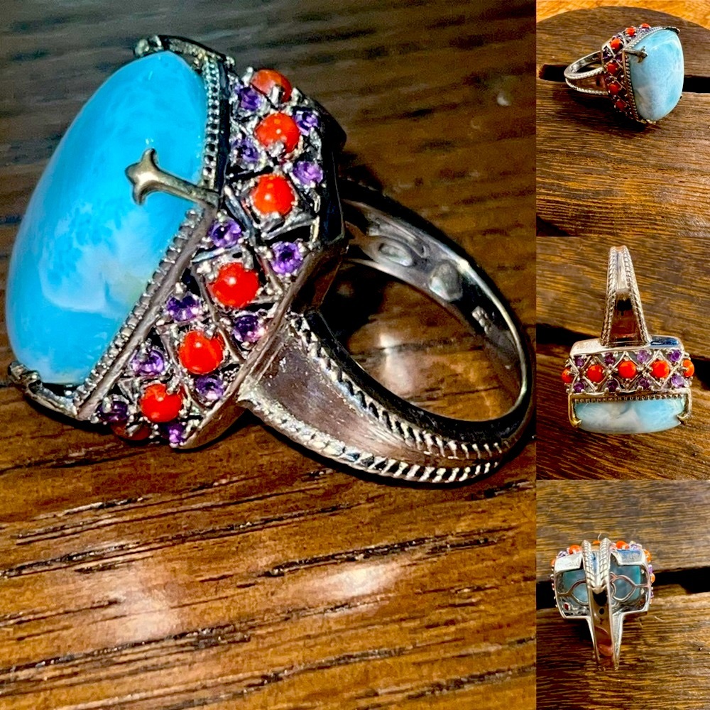 🌟I’m REAL & REAL pretty!🌟Genuine Silver, Turquoise, Coral & Amethyst Ring SZ 7